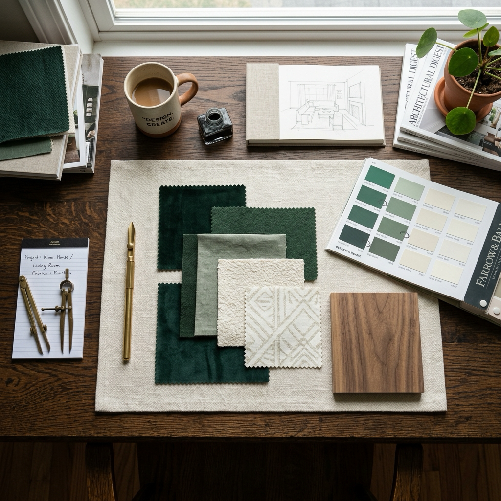 Interior designer selecting fabrics and paint swatches
