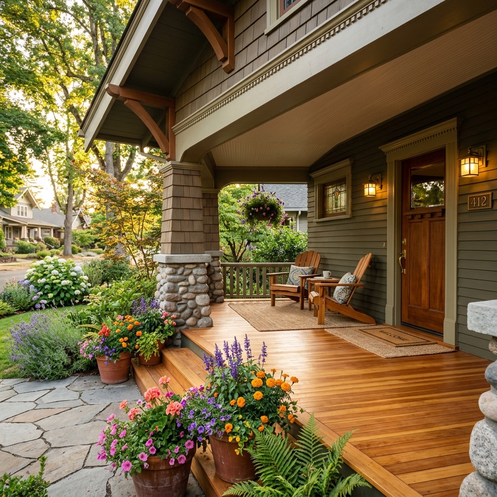 Beautiful historic bungalow porch with cedar decking and planters