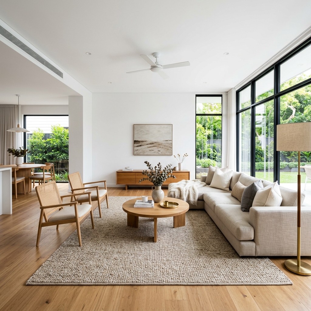 Bright, airy staged living room displaying Hearthwright design aesthetic