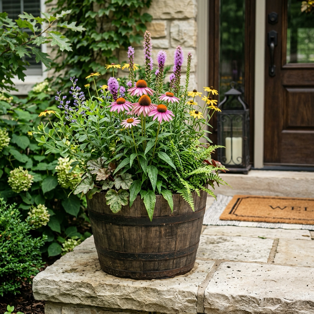 Stunning seasonal container garden on an entryway patio