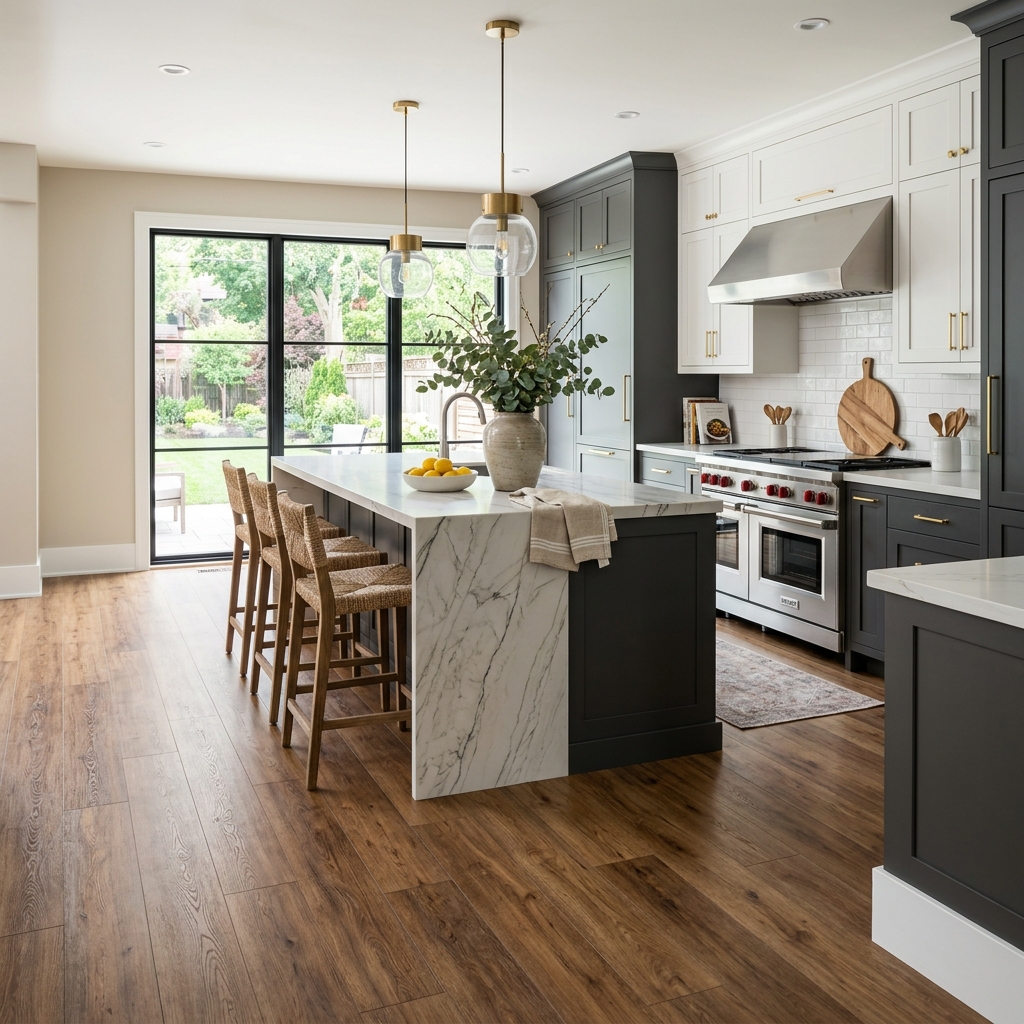 Luxury vinyl plank floor installed in a kitchen