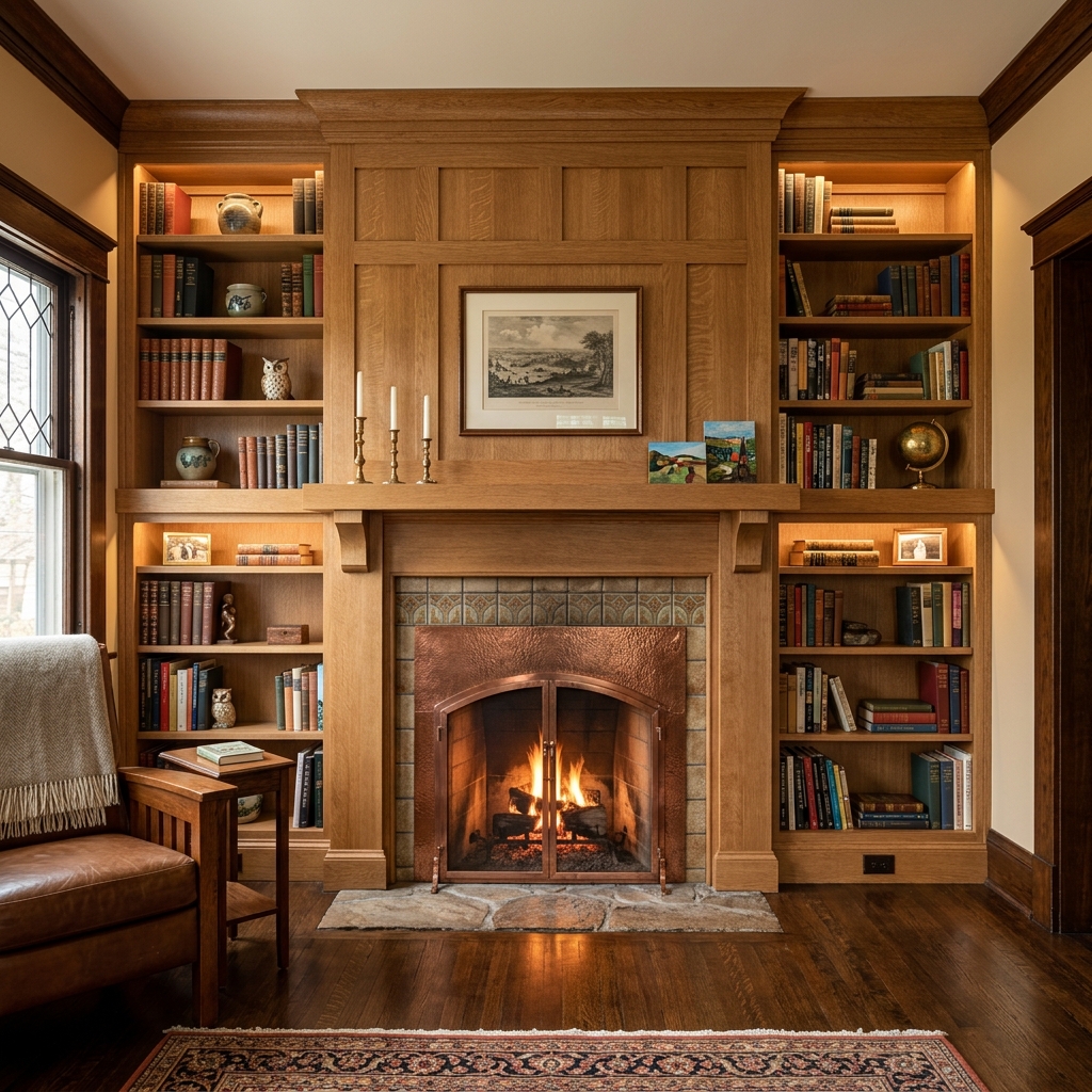 Custom built-in oak bookshelves surrounding a fireplace