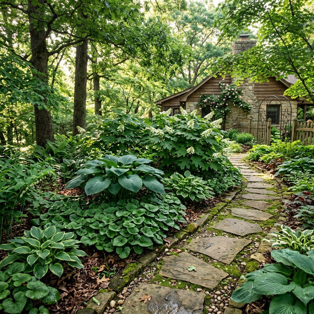 Shade garden with stone path and lush ferns