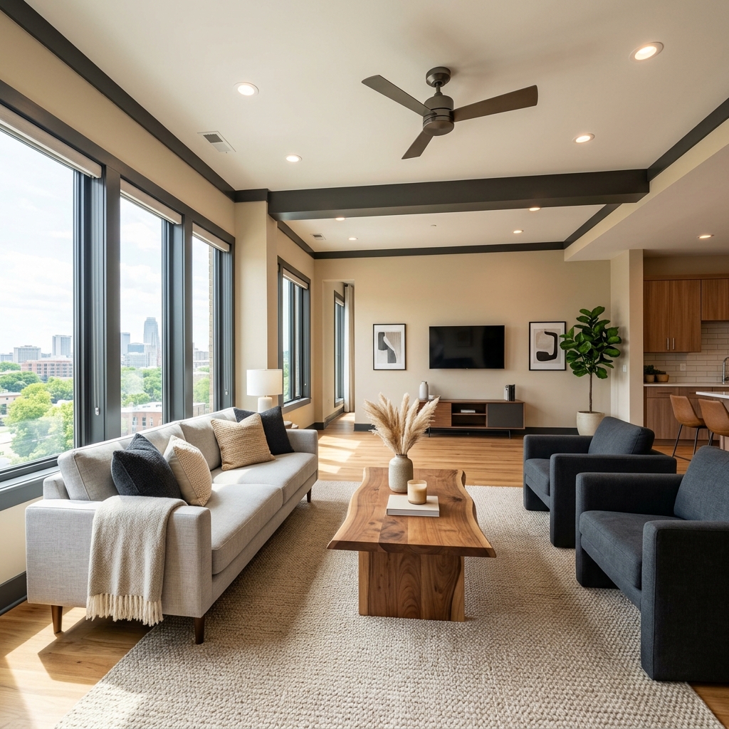 Modern staged living room with natural wood coffee table