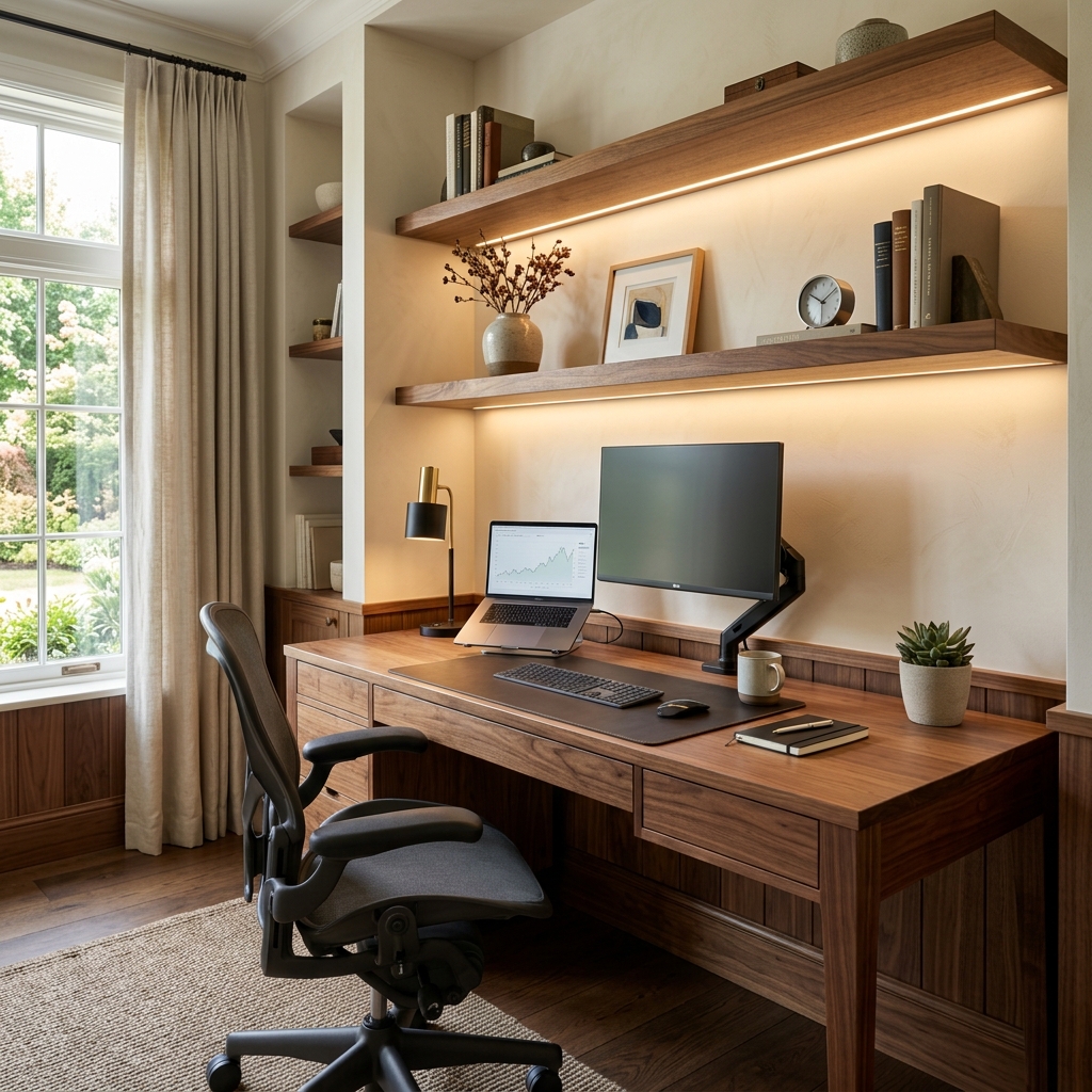Home office with walnut desk and floating shelves