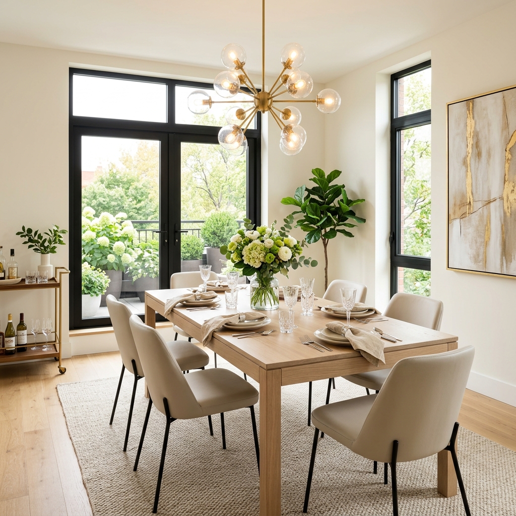 Elegantly staged dining room maximizing space and natural light